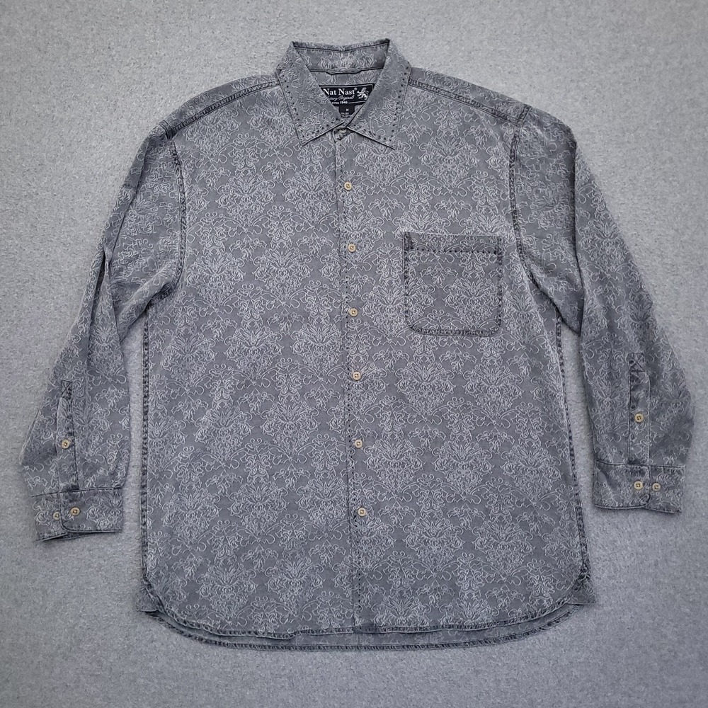 Nat Nast Luxury Originals Button Up Shirt Mens Medium Silk Gray Embroidered